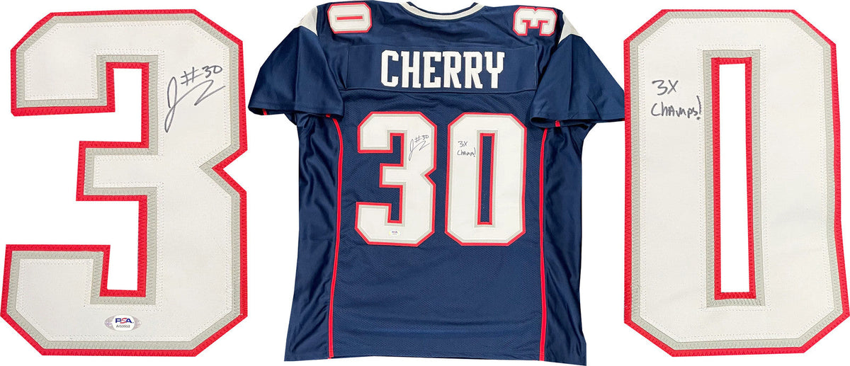 Je'Rod Cherry "3x Champs" Autographed New England Patriots Jersey (PSA) product image 1, provided for visual reference and