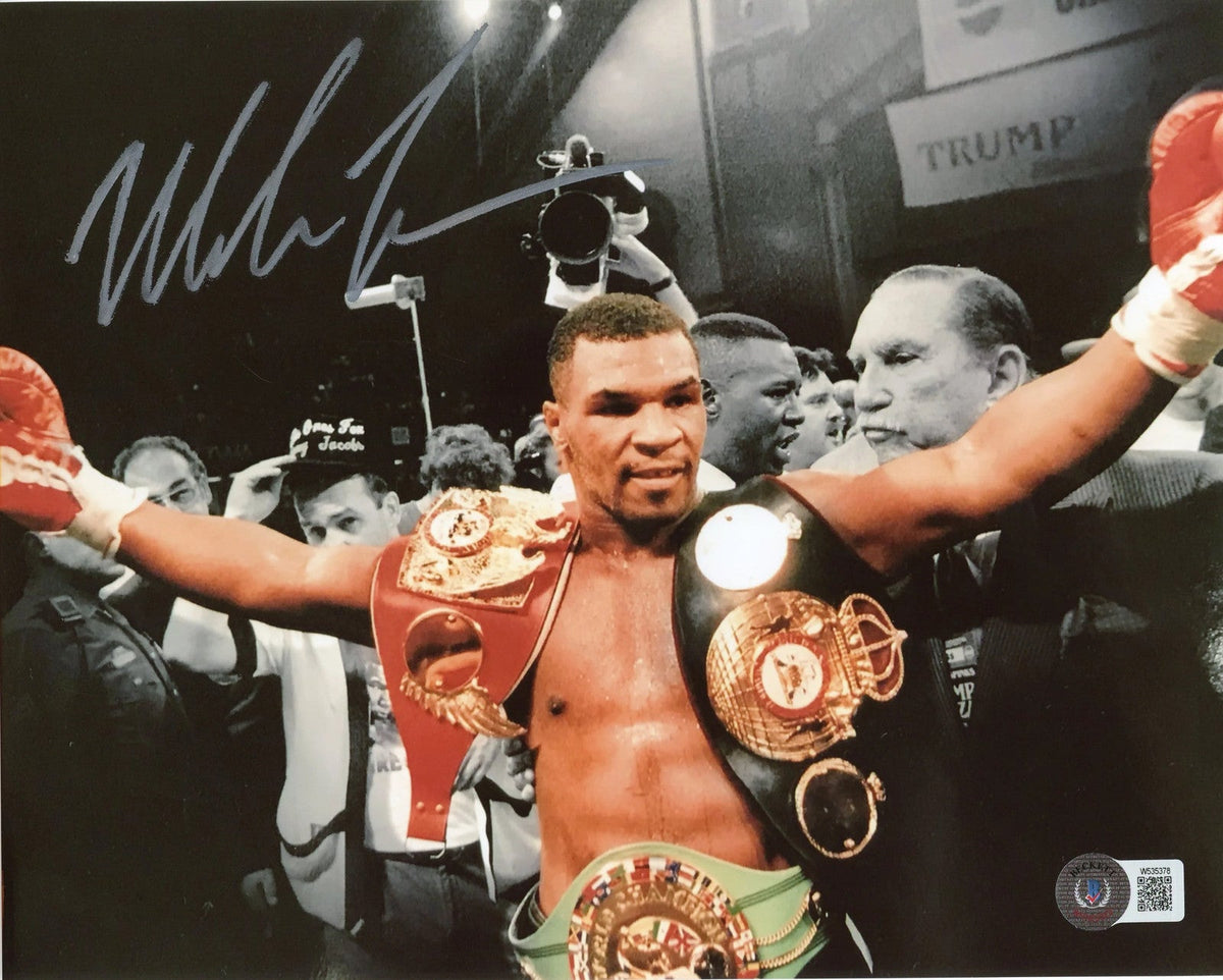Mike Tyson Autographed w/ Championship Belts 8x10 Photo (Beckett) product image 1, provided for visual reference and product