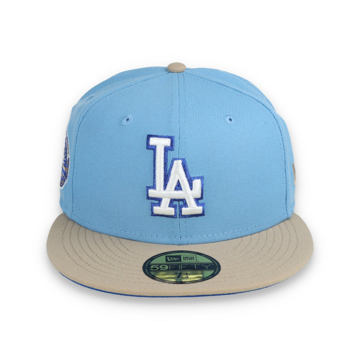 New Era Los Angeles Dodgers 50th Anniversary Side Patch 59FIFTY Fitted Hat-Sky Blue/Camel product image 2, provided for
