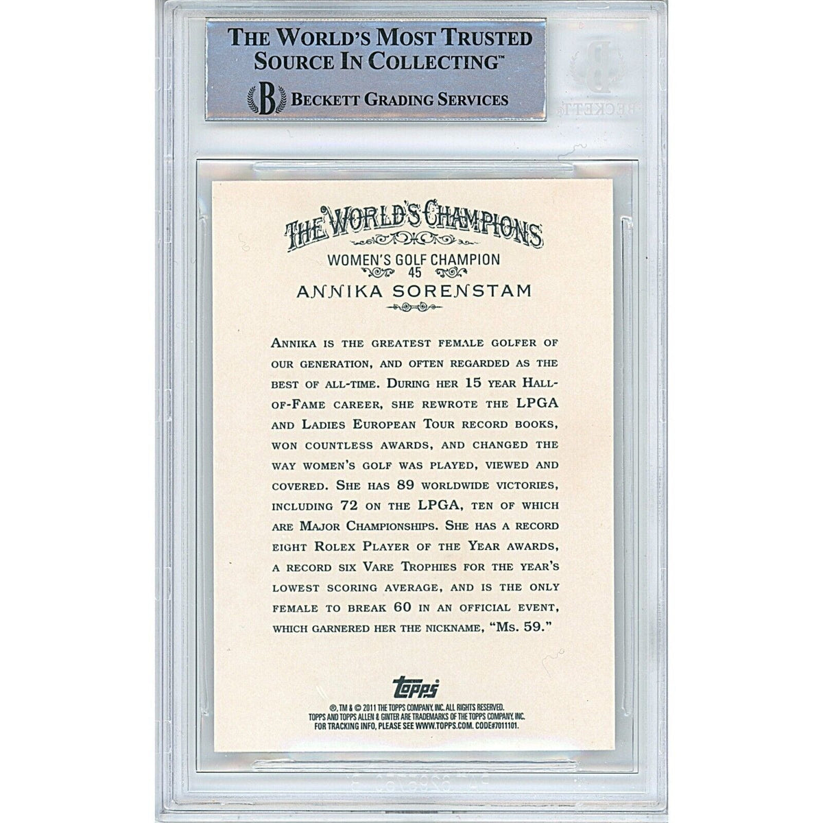 Annika Sorenstam Golf Signed 2011 Topps Allen and Ginter Card BAS Auth Auto Slab LPGA product image 2, provided for visual