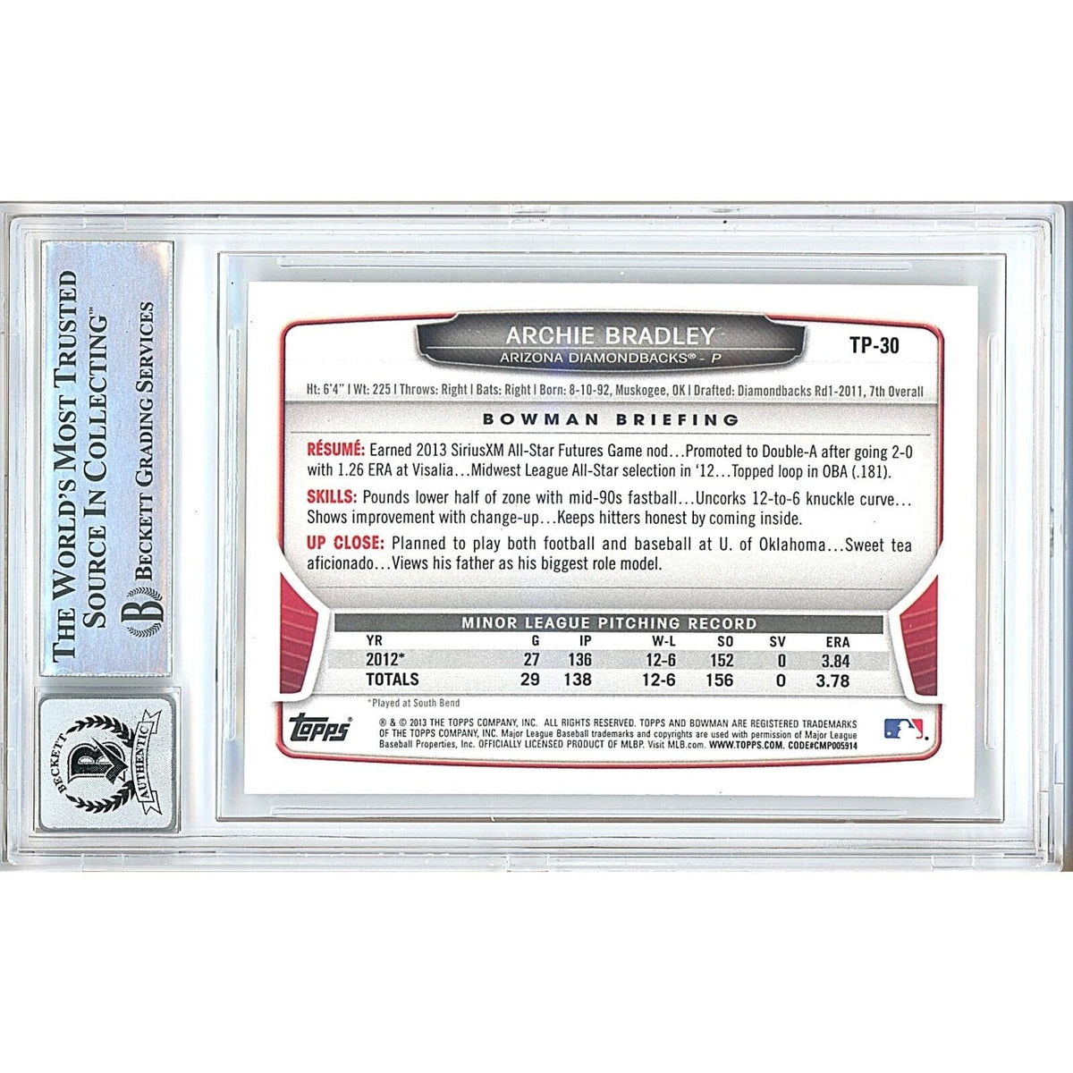 Archie Bradley AZ Dbacks Signed 2013 Bowman Draft Top Prospects Card BGS Auto 10 Slab product image 2, provided for visual