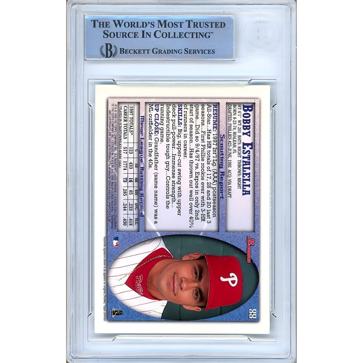 Bobby Estalella Phillies Signed 1998 Bowman International Card Beckett Authentic Auto Slab product image 3, provided for