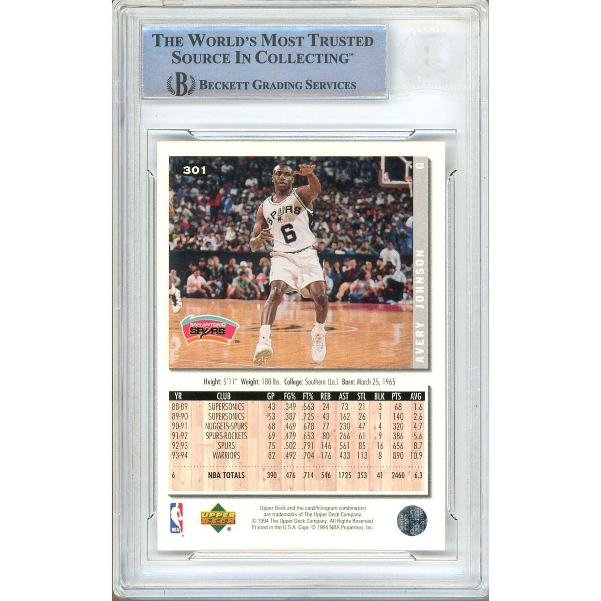 Avery Johnson San Antonio Spurs Signed 1994-95 Collectors Choice BAS Auth Auto Slab product image 2, provided for visual