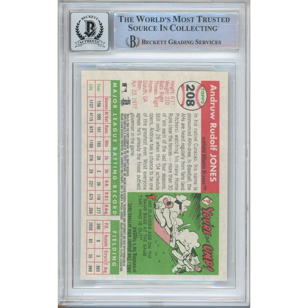 Andruw Jones Atlanta Braves Signed 2004 Topps Heritage BAS BGS Auto 10 Graded Slab product image 4, provided for visual