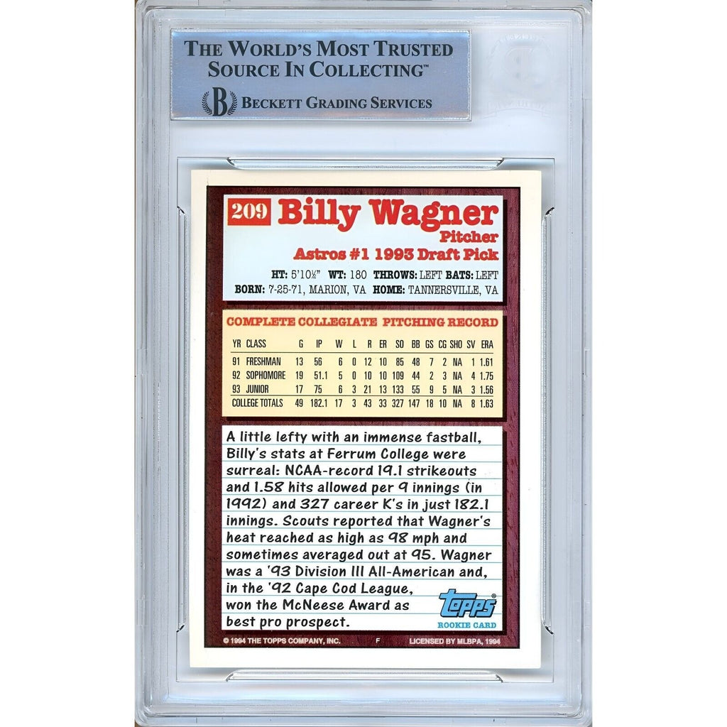 Billy Wagner Houston Astros Signed 1994 Topps Baseball Rookie Card BAS Auth Auto Slab product image 2, provided for visual