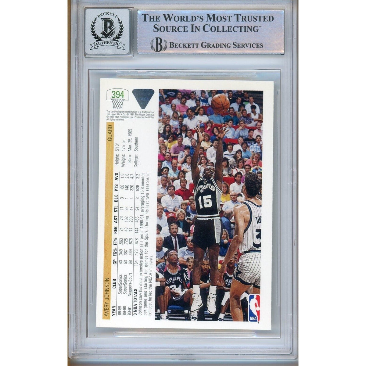Avery Johnson San Antonio Spurs Signed 1991-92 Upper Deck BAS Auth BGS Auto 10 Slab product image 2, provided for visual