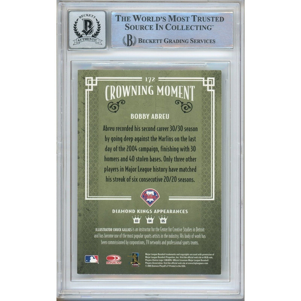 Bobby Abreu Phillies Signed 2005 Diamond Kings B/W Card BAS BGS Auto 10 Graded Slab product image 2, provided for visual