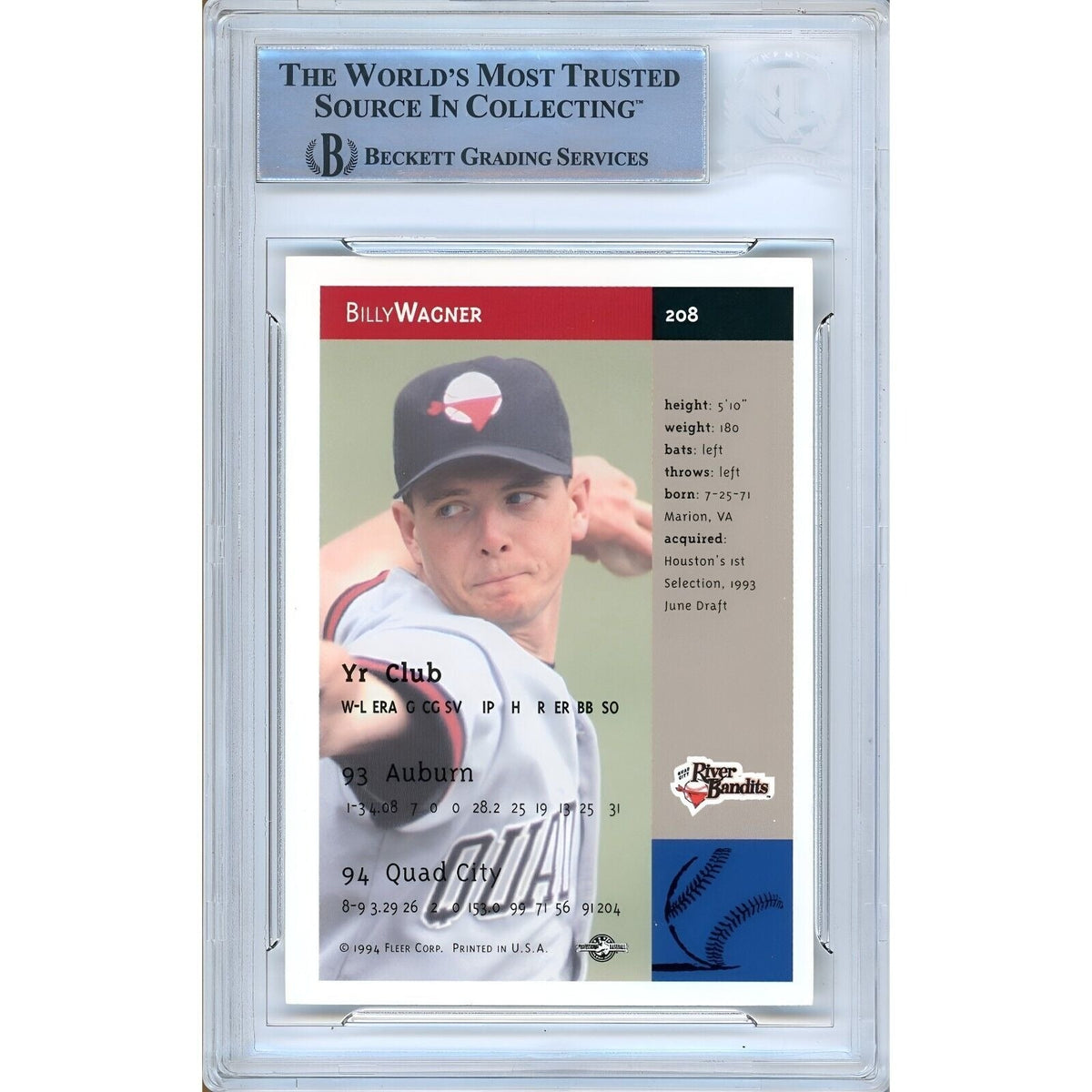 Billy Wagner Houston Astros Signed 1994-95 Fleer Excel Rookie Card BAS Auth Auto Slab product image 2, provided for visual